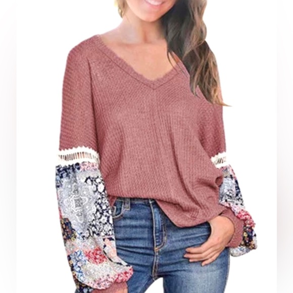 miholl Tops - Miholl Women’s Vneck Boho Bubble Long Sleeves Ribbed Top